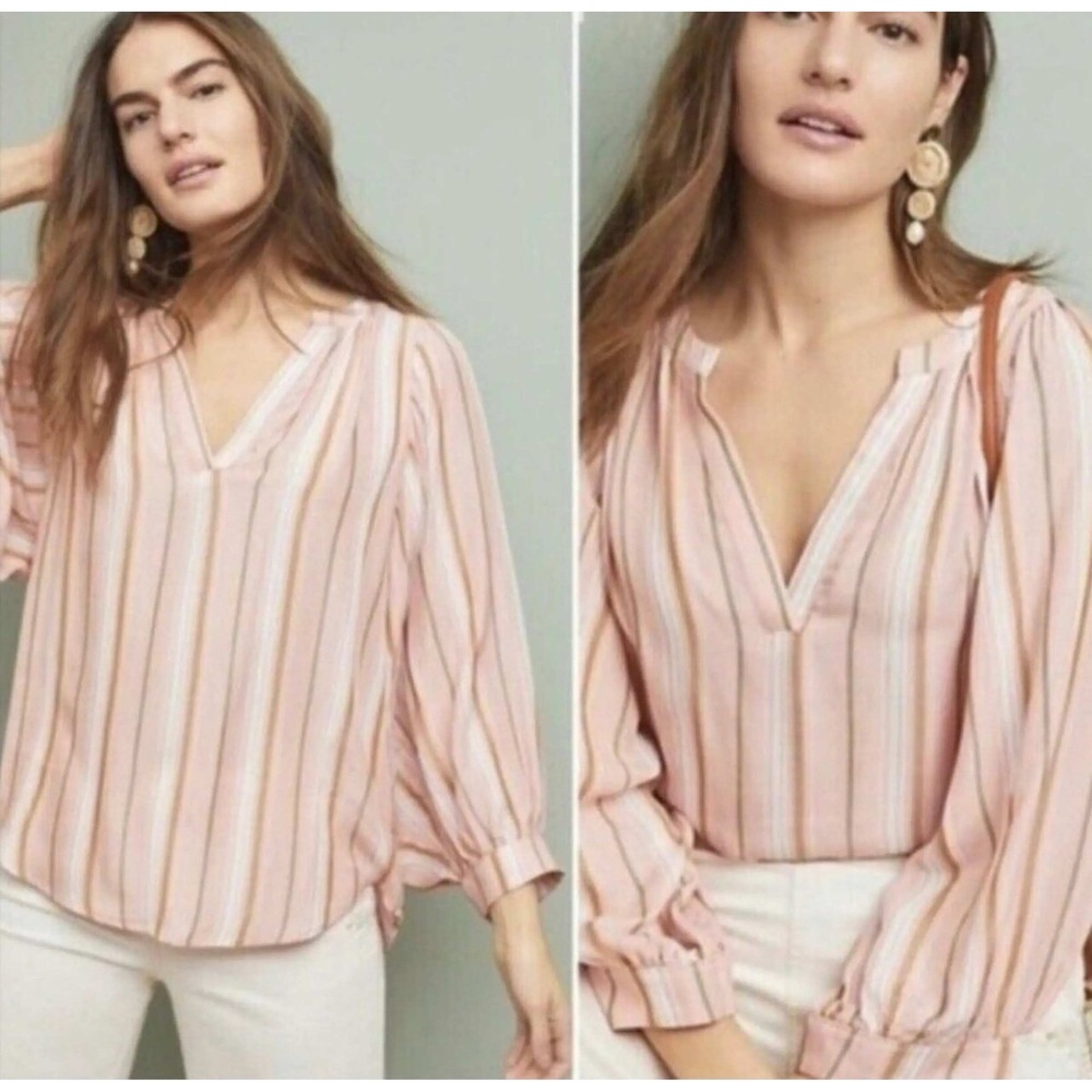 Maeve by Anthropologie Pink Striped Puff Sleeve V Neck Byron Blouse Top Medium